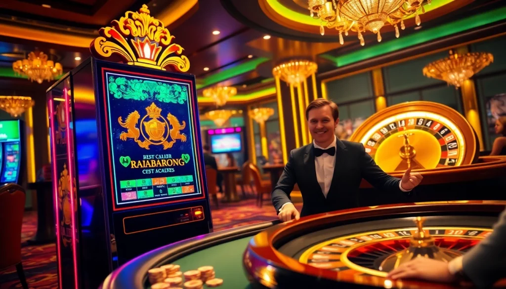 Players engaging with RAJABARONG-themed slot machines and poker tables in a vibrant casino.