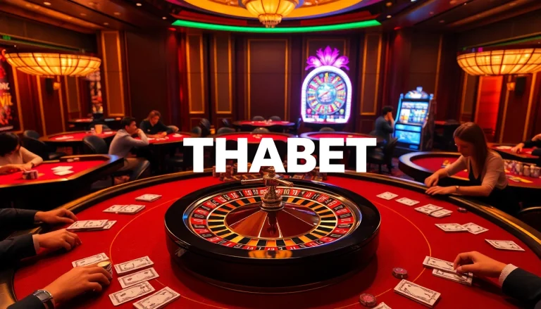 Experience thrilling gameplay at THABET's luxurious casino, featuring poker tables and a roulette wheel.