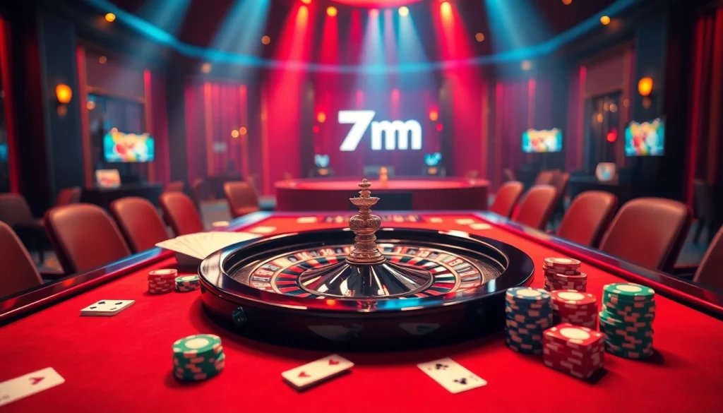 Experience the thrill of professional gambling at 7m's luxurious casino table with poker chips and cards.