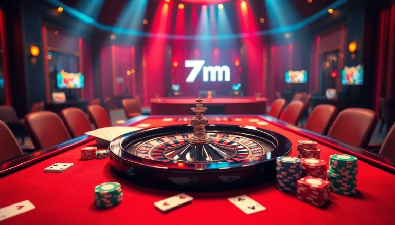 Experience the thrill of professional gambling at 7m's luxurious casino table with poker chips and cards.