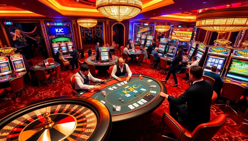 KJC casino players engaging at a poker table amidst vibrant slot machines.
