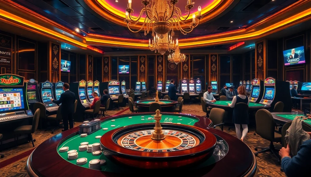 Experience thrilling gaming action at https://mm88.team/ with a vibrant casino atmosphere filled with roulette and slot machines.