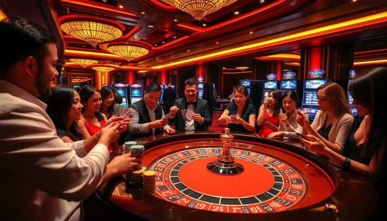 RAJABARONG casino scene with roulette table, chips, and exciting gamblers enjoying games.