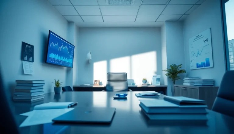 Professional accountant's office illustrating SMSF management with financial charts and digital tools.