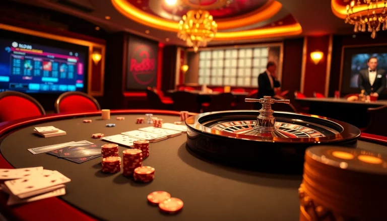 Experience the thrill of the red88 game at an elegant casino table with poker chips and cards.