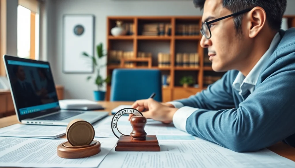 Traductor jurado at work translating official documents in a modern office.