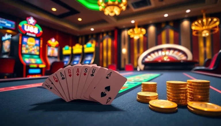 Exciting U88 online casino game table with poker cards and slot machines.