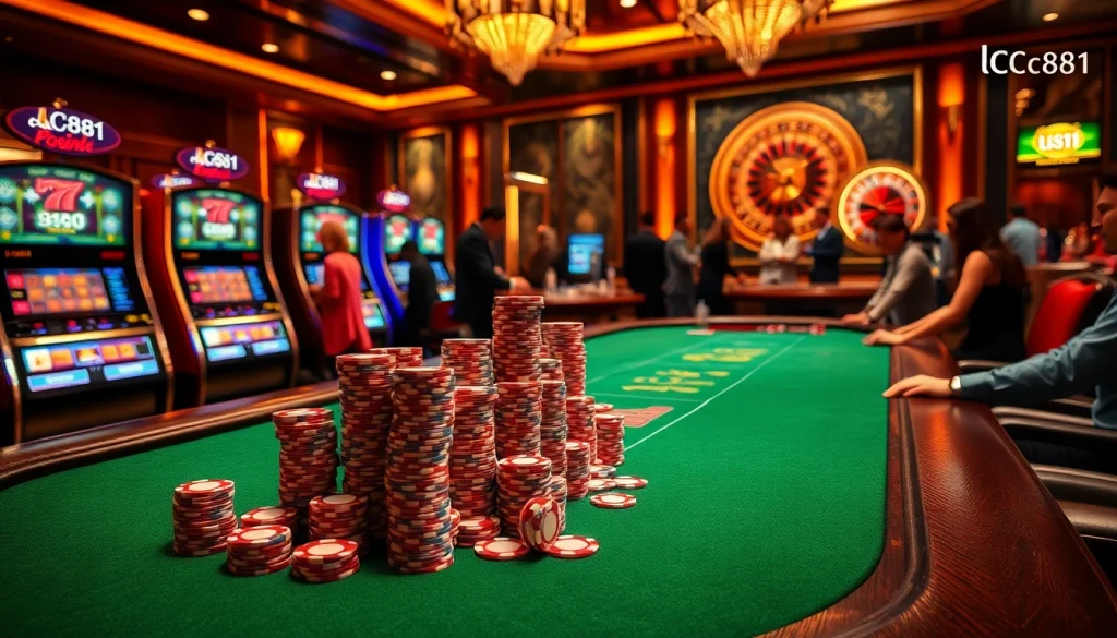 Experience the thrill of poker and slot games at the casino, featuring lc881 branding in the atmosphere.