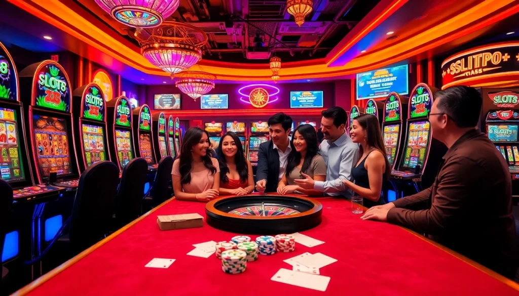 Gamblers enjoying SLOTS8 slot machines amidst a luxurious casino atmosphere