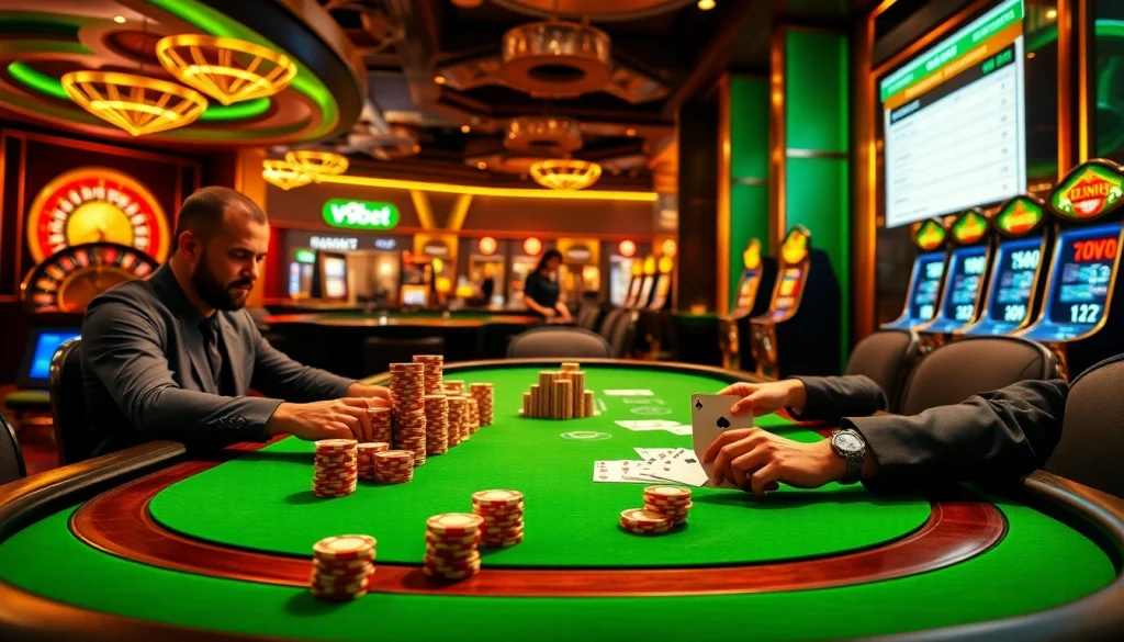 V9bet showcasing a high-stakes poker game in an elegant online casino setting.