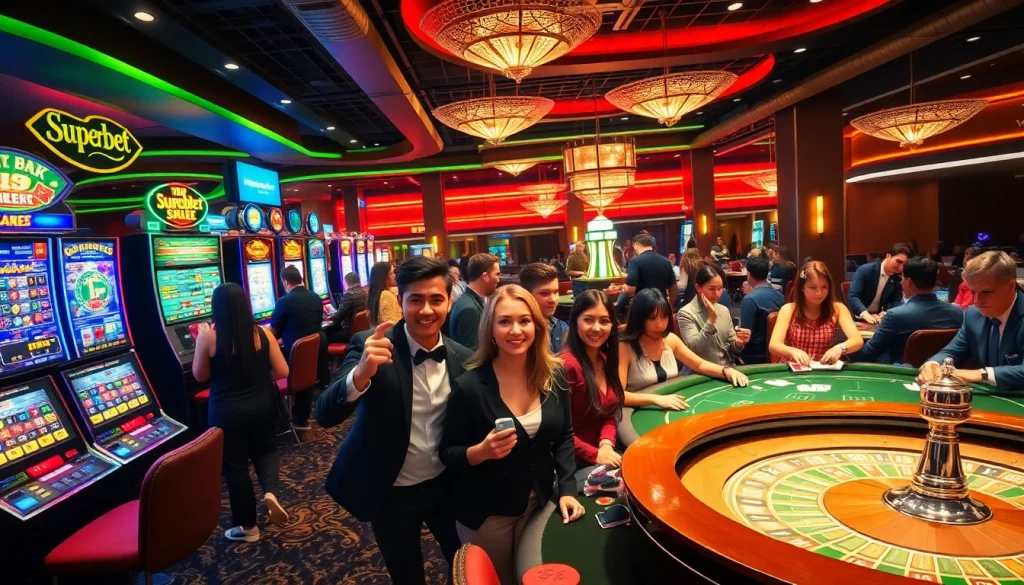 Gamblers experiencing thrilling moments at Superbet's luxurious casino, highlighted by vibrant slot machines and a roulette wheel.
