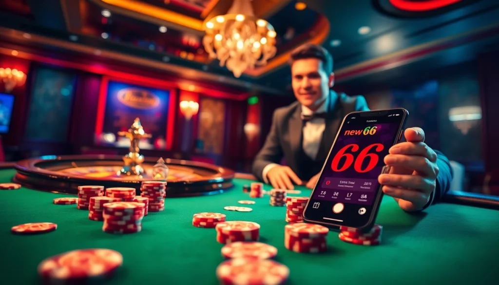 Excited players engaging with the new 66 app at a luxurious casino poker table.