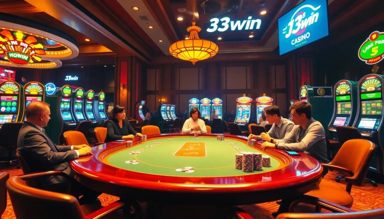 Exciting poker action at the 13win casino table with vibrant chips and slot machines.