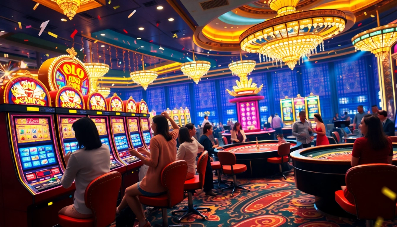 Experience the excitement of nổ hũ with players celebrating wins at dazzling slot machines.