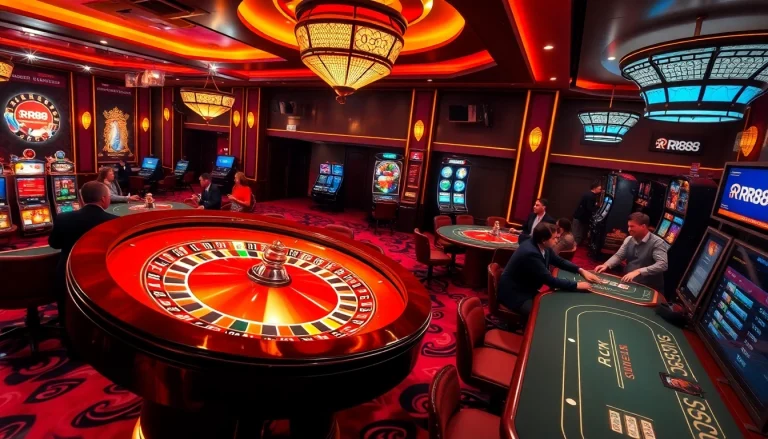 Experience thrilling gameplay at RR88's vibrant casino featuring roulette, slots, and poker action.