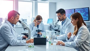 Buy peptides in a modern lab setting with scientists handling peptide samples.