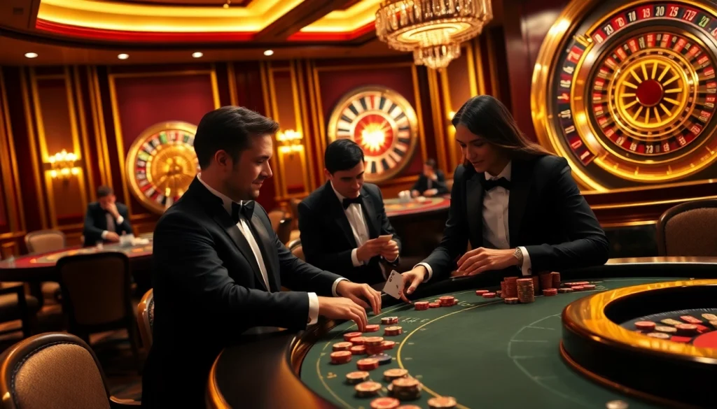 Players strategizing their bets at a stylish casino featured on https://8kbest.net/, with vibrant gaming tables and a roulette wheel.