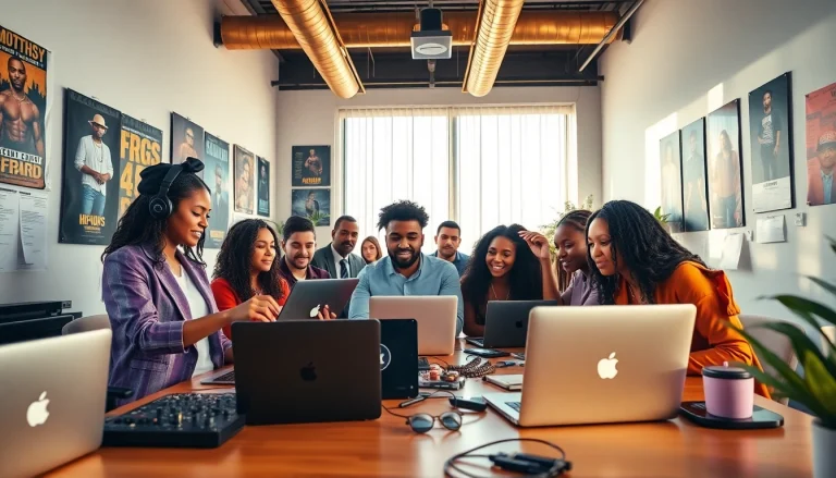 Dynamic scene of a hip hop PR firm collaborating to enhance client visibility and engagement.