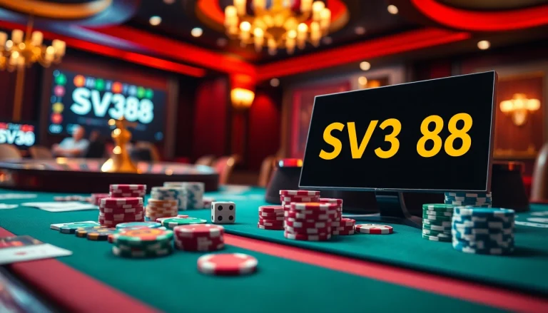 Exciting gambling action featuring the link SV388 amidst vibrant casino elements like poker chips and cards.