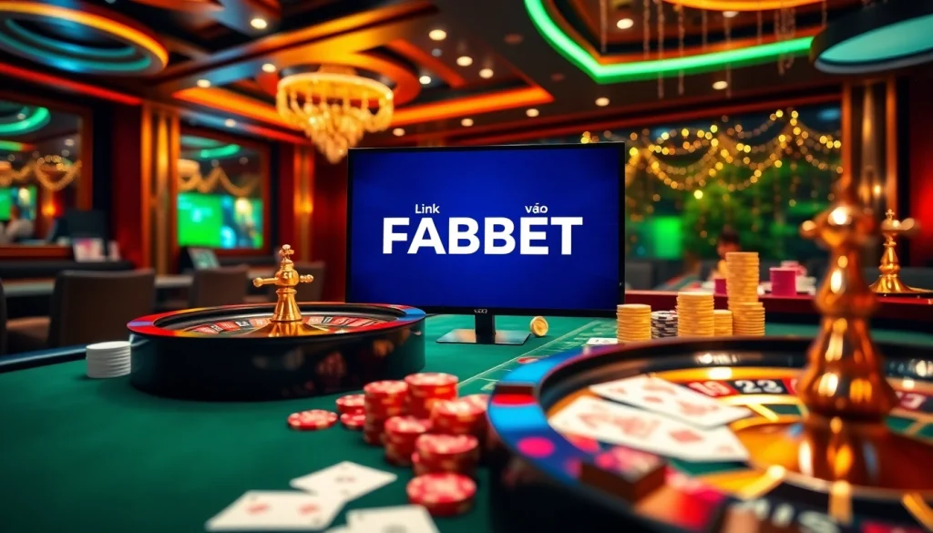 Experience luxury gambling action with Link vào FABET at an elegant casino table featuring cards and chips.
