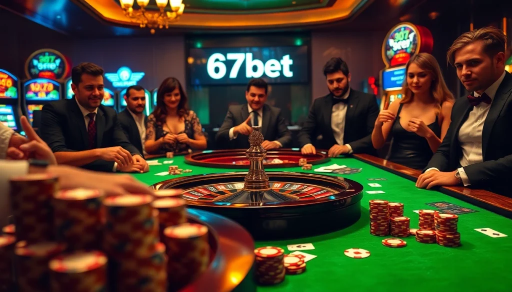 Players enjoying a thrilling poker game at 67bet, surrounded by vibrant casino elements and glamorous atmosphere.