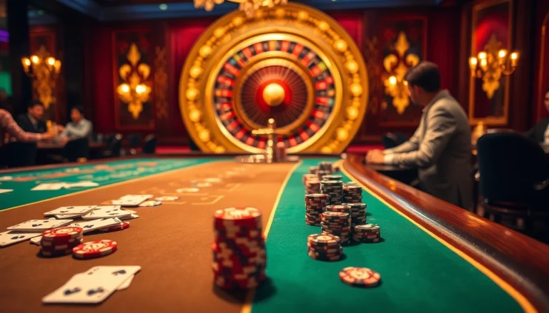 Exciting gaming atmosphere at EV88 Casino with vibrant tables, engaged players, and luxurious decor.