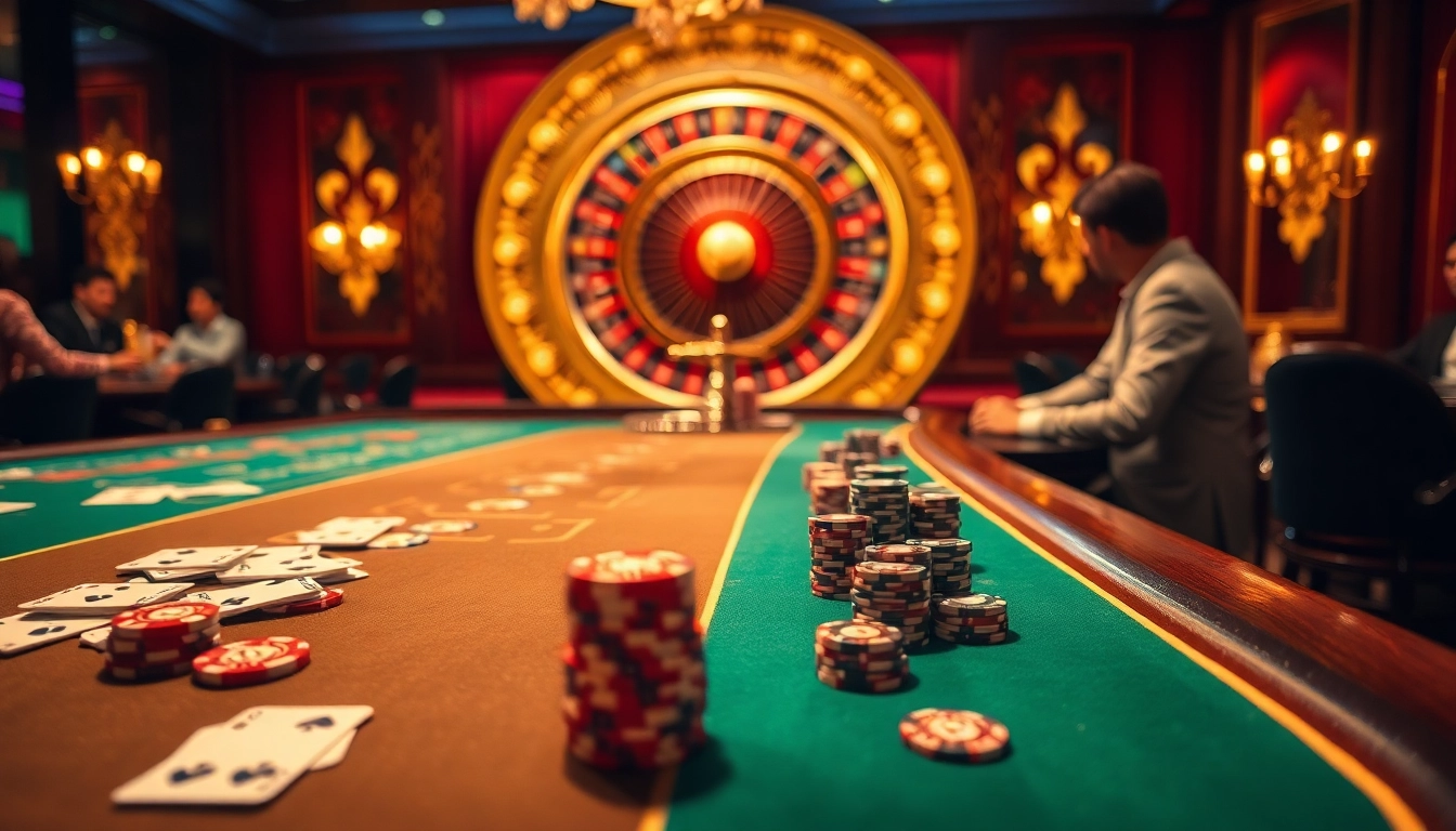 Exciting gaming atmosphere at EV88 Casino with vibrant tables, engaged players, and luxurious decor.