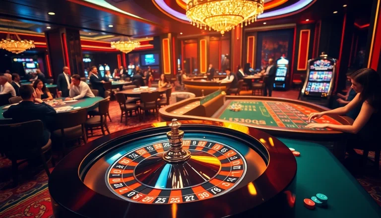 Players enjoying games at c168.com casino, featuring roulette and poker tables in a luxurious setting.