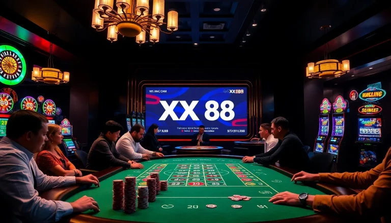 Intense poker game scene highlighting XX 88 betting excitement with casino elements.