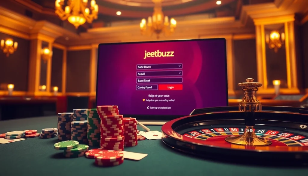 Engaging scene showcasing JeetBuzz login with casino elements like poker chips and roulette.