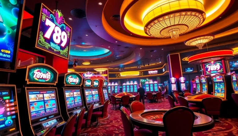 Exciting scene of players enjoying diverse games at 789win casino, complete with vibrant slot machines and poker tables.