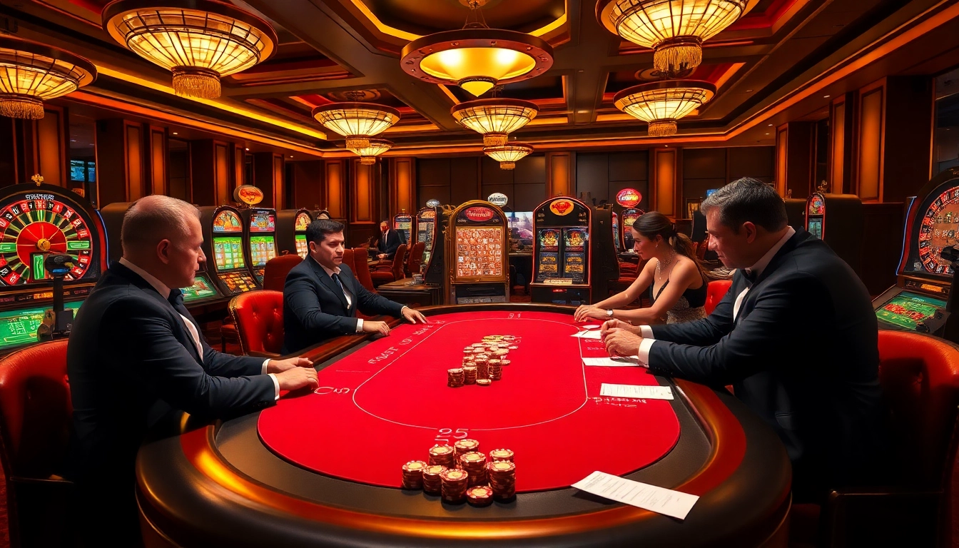 KJC players immersed in high-stakes poker at a luxurious casino table, showcasing professional gambling.