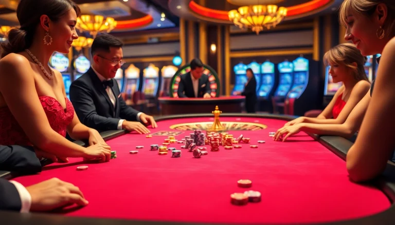 MMOO players enjoying an exciting poker game with colorful poker chips and a roulette wheel.