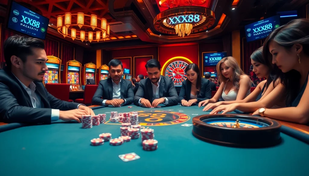 Experience the excitement of xxx88 as players engage in high-stakes poker at a luxurious casino table.