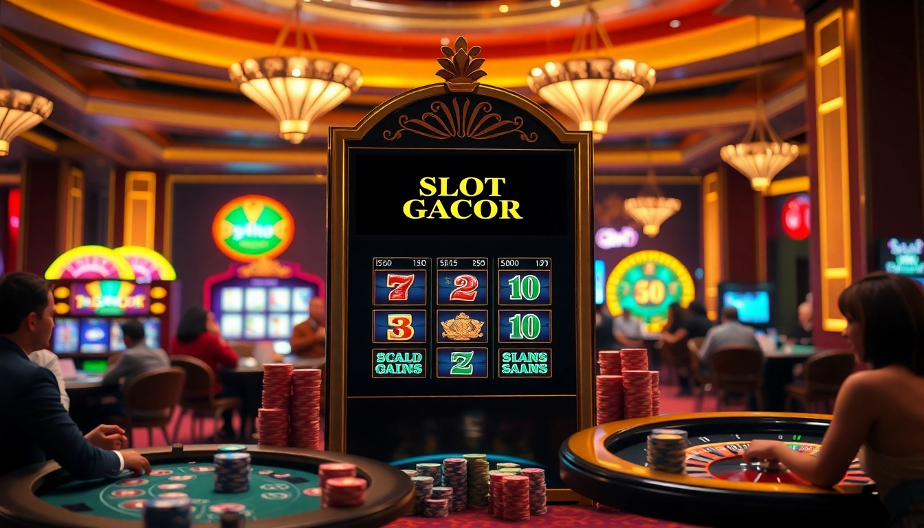 Engaging players around a luxurious 'Slot Gacor' machine in a vibrant casino.