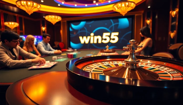 Action-packed gaming moment at win55 with chips and cards on a vibrant table.