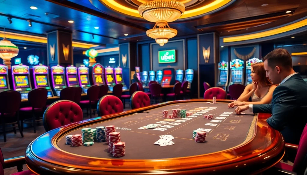 Experience the thrill of usbet gaming at a luxurious poker table with vibrant chips and cards.