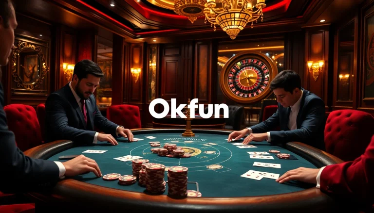Experience thrilling high-stakes poker with Okfun, highlighting a vibrant casino atmosphere filled with excitement.