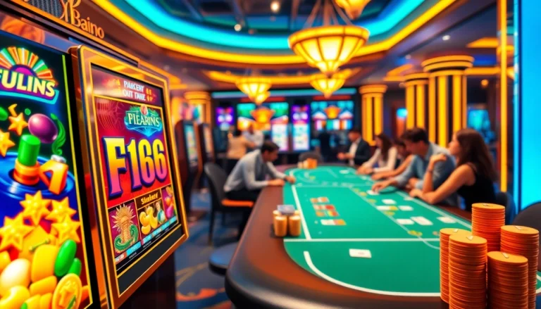 Exciting gambling scene at F168 casino with slot machines and poker tables illuminated.