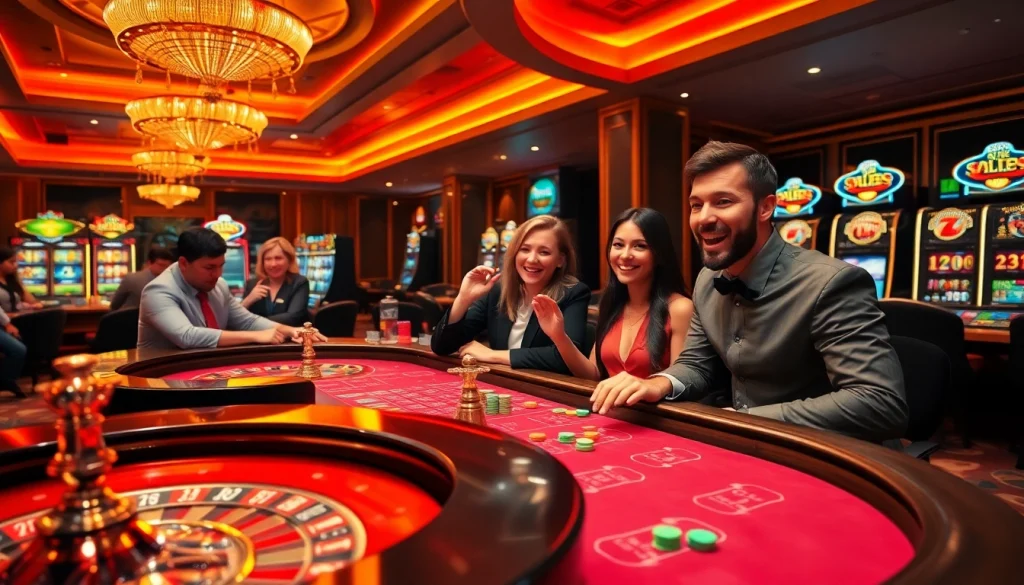 Engaging scene of players at a casino with link S666 and vibrant gaming elements.