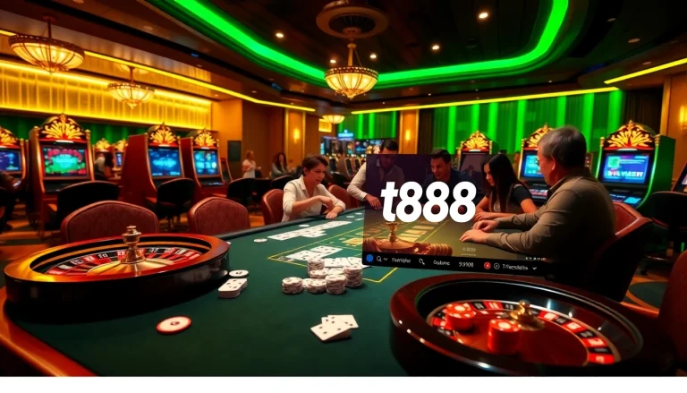 Players enjoying an exciting poker game at tv88 online casino, surrounded by vibrant lights and chips.