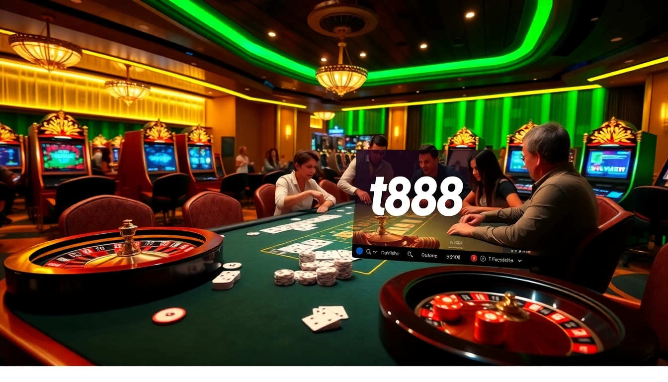 Players enjoying an exciting poker game at tv88 online casino, surrounded by vibrant lights and chips.