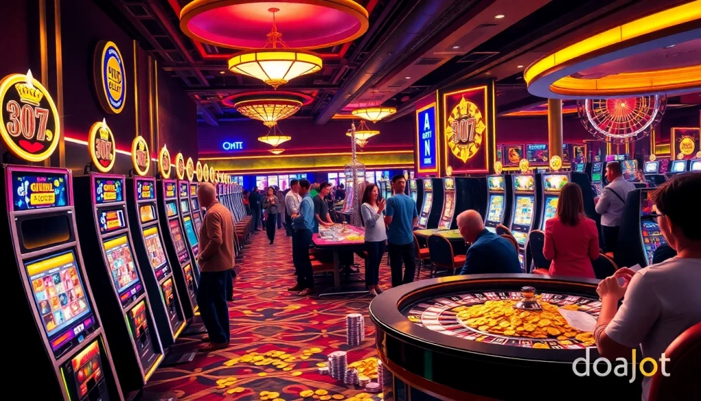 Engaged players enjoying slot games at a luxurious casino featuring doaslot branding.