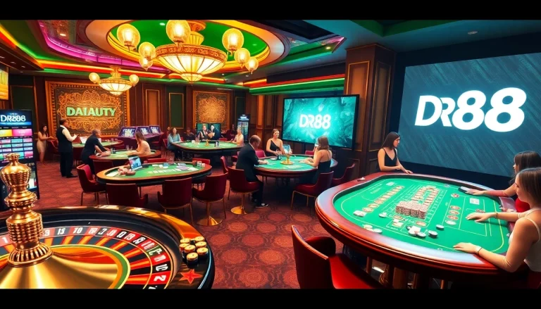 Players enjoying thrilling games at DR88 casino, showcasing chips and a roulette wheel.