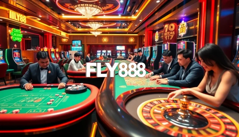 FLY88 casino scene showcasing gamers passionately engaged at tables with vibrant slot machines.