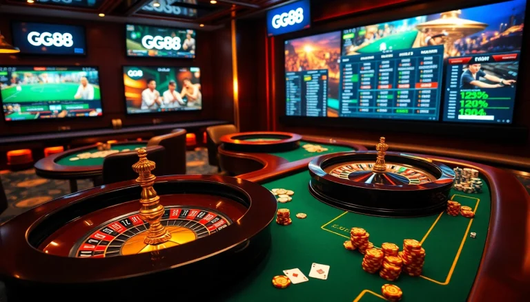 Experience the excitement of GG88's luxury casino scene with roulette and poker action.