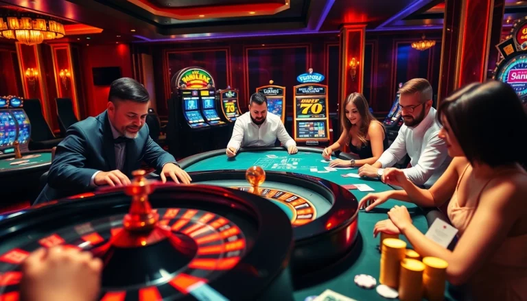 A lively casino scene featuring 9Dbet games with players engaged in roulette and poker.