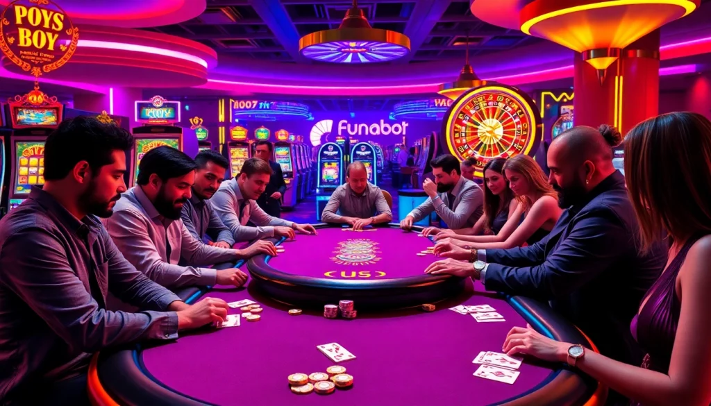 Excited players engaged in a high-stakes Fun88 poker game at a glamorous casino table.