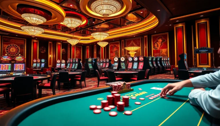 Excited player celebrating a win at a Nhà Cái Uy Tín blackjack table in a luxurious casino.