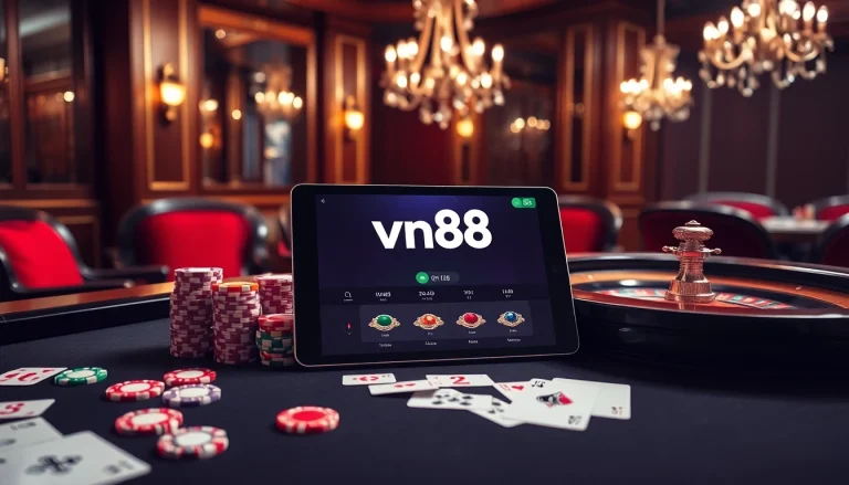 Engage in thrilling games at vn88's luxurious casino with vibrant tables and professional setups.